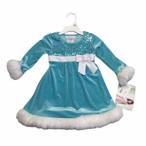 Bonnie Jean Turquoise Velvet Velour Sequins Faux Fur Party Dress Girl Size 2T